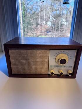 12492 Klh Model Twenty-one Fm Table Radio With Wood Cabinet And Woven Grill Cloth