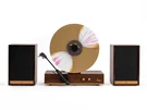 Fuse Gld Vertical Vinyl Record Player With Speakers, Bluetooth, Wood - Gold Trim. Fixed Price $349.00.