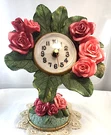Vintage Style Table Clock Prominent Floral Motif Red & Pink Roses On Stand. Fixed Price $14.00.