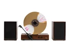 Fuse Gld Vertical Vinyl Record Player With Speakers, Bluetooth, Wood- Black Trim. Fixed Price $349.00.