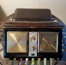 Vtg Solid State Travel Clock Am Radio Made In Japan Abbott Import Leather Case. Fixed Price $31.99.