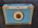 Vintage Bulova 3 Way Portable Vacuum Tube Radio 206 Teal Blue With Gold Trim. Fixed Price $250.00.
