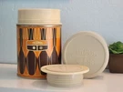 Thermos King Seeley Vintage 1971 Fork Spoon Design Tan Brown Bottle 7063 10 Oz. Fixed Price $9.31.