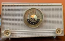 Champagne White 1960S Mcm Rca Victor Radio Model 1-F-2E: Now Bluetooth Speaker. Fixed Price $200.00.